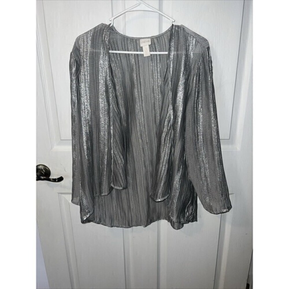 Chicos Womens Size 1 Open Front Cardigan Silver Metallic Polyester- Great‎ Cond